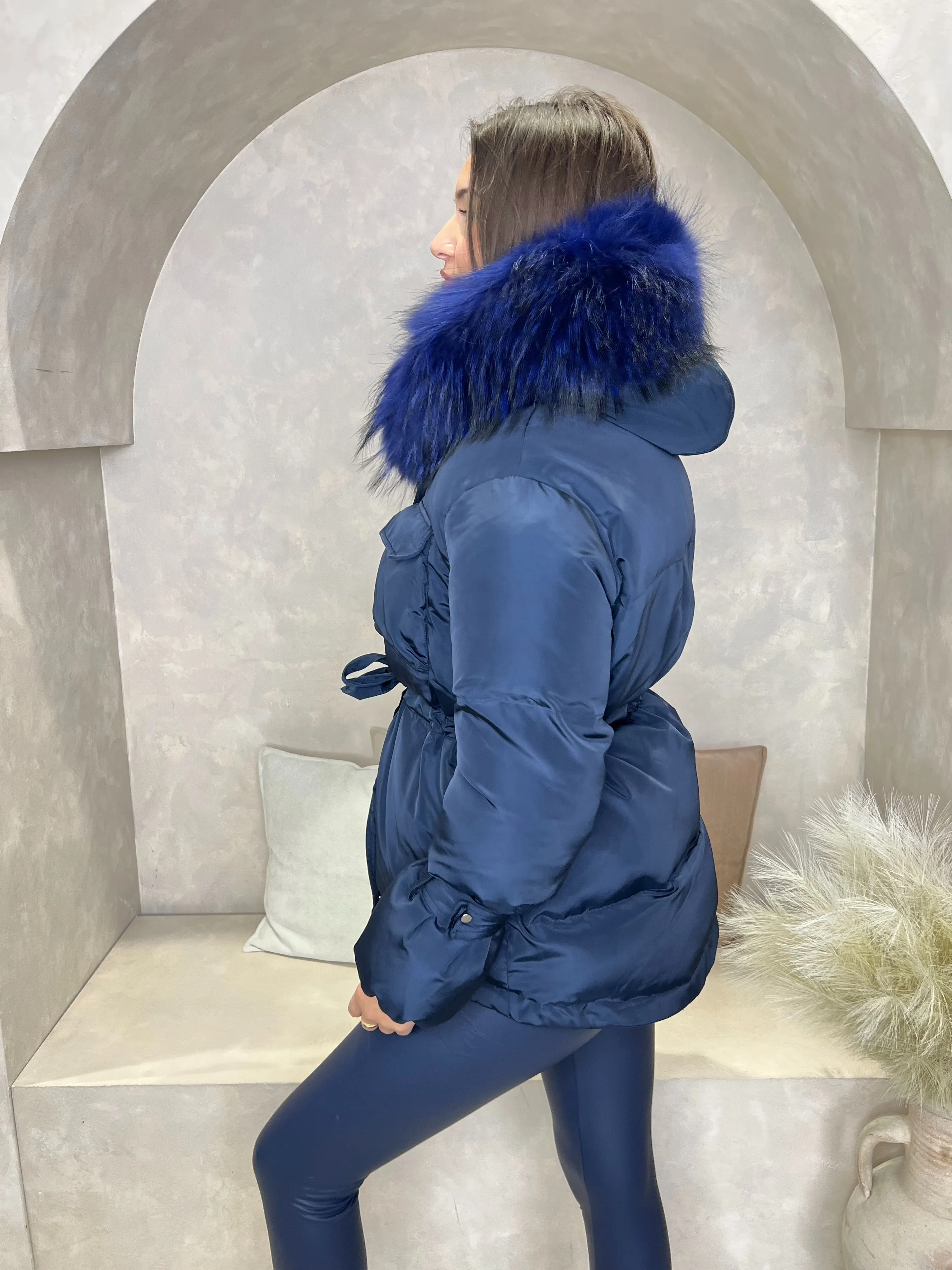 Navy/Navy Drawstring Luxury Fur Padded Belted Coat