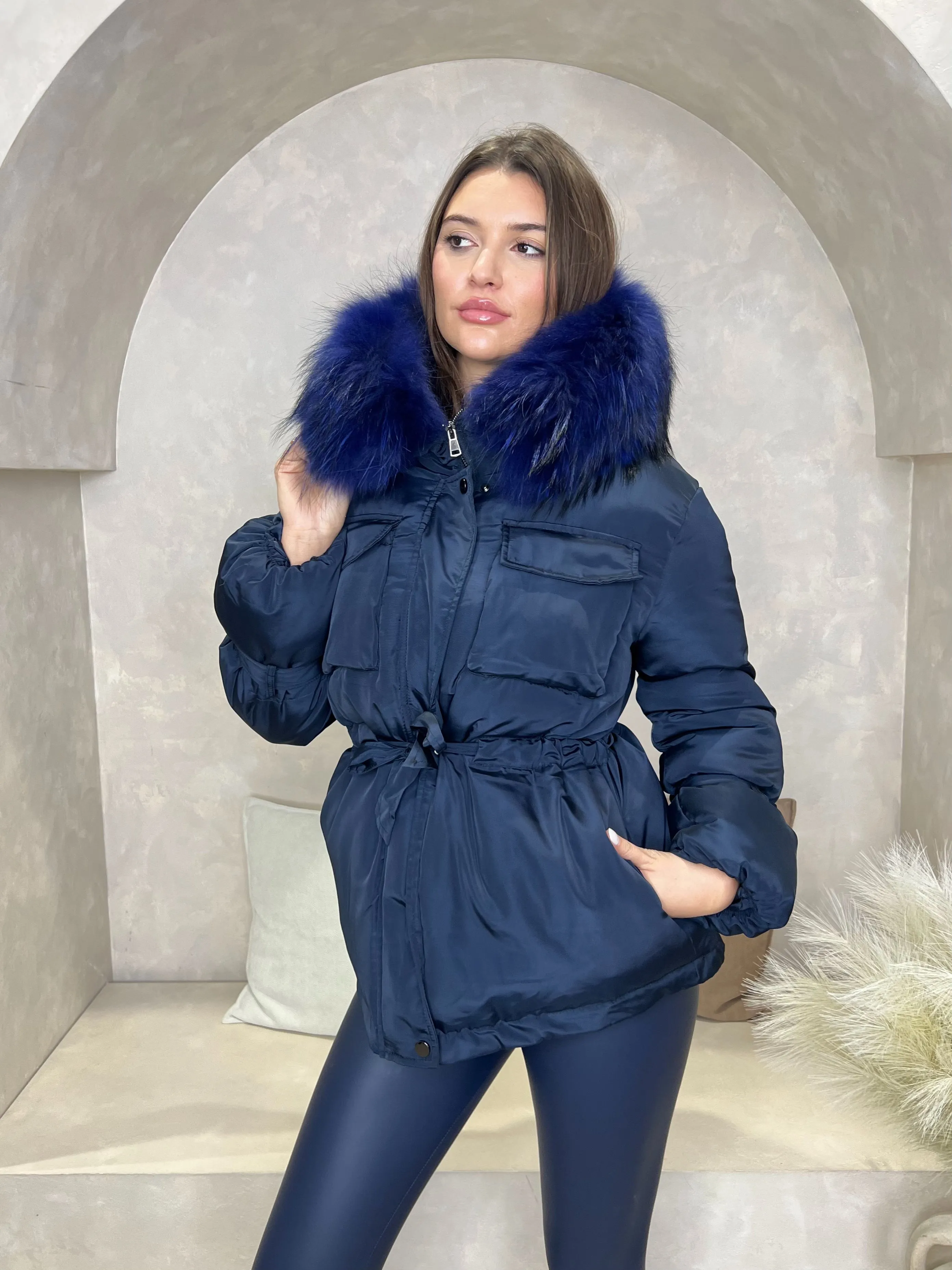 Navy/Navy Drawstring Luxury Fur Padded Belted Coat