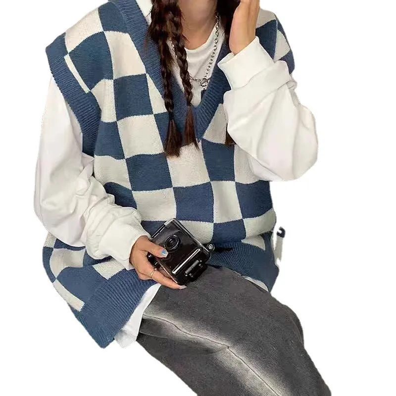 Nukty-shop fall outfits black women Autumn and Winter Preppy Style All-Match Chessboard Plaid Sweater Vest Female Students Korean Style Loose Sleeveless Vest Knitted Outer Wear