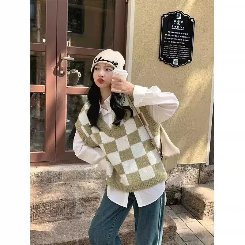 Nukty-shop fall outfits black women Autumn and Winter Preppy Style All-Match Chessboard Plaid Sweater Vest Female Students Korean Style Loose Sleeveless Vest Knitted Outer Wear