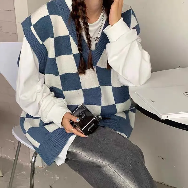 Nukty-shop fall outfits black women Autumn and Winter Preppy Style All-Match Chessboard Plaid Sweater Vest Female Students Korean Style Loose Sleeveless Vest Knitted Outer Wear