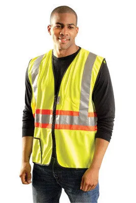 OccuNomix Large Hi-Viz Yellow OccuLux Premium Light Weight Solid Polyester Tricot Class 2 Two-Tone Expandable Traffic Vest With Front Zipper Closure And 3M Scotchlite 2" Reflective Tape Backed