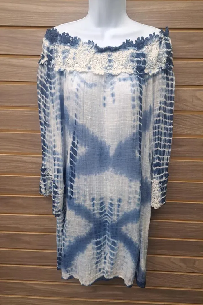 Off Shoulder Blue Tie Dye Tunic