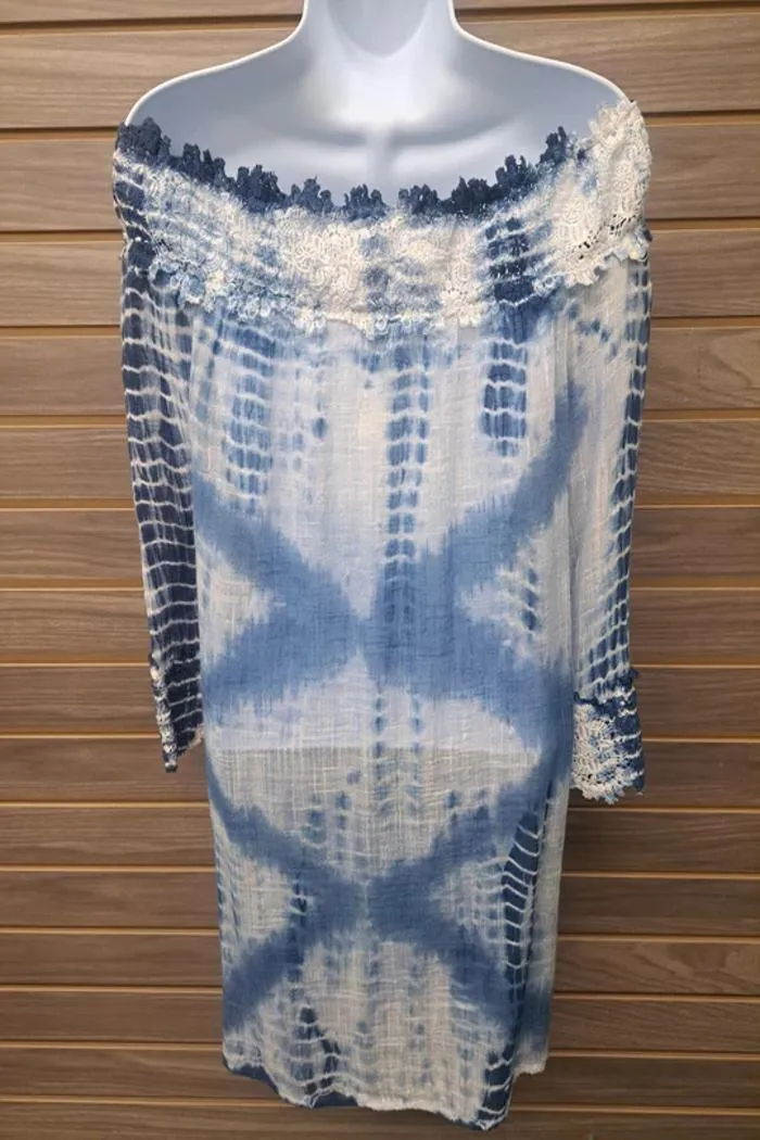 Off Shoulder Blue Tie Dye Tunic