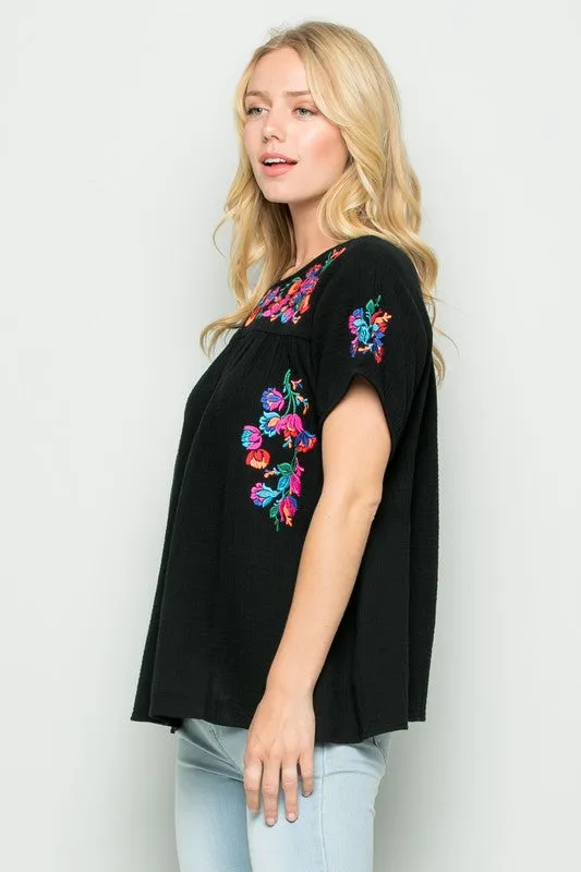 On the Border Embroidered Top, Black