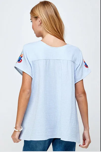 On the Border Embroidered Top, Sky Blue