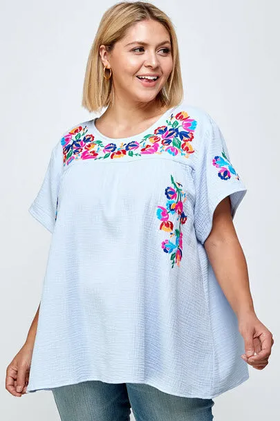 On the Border Embroidered Top, Sky Blue