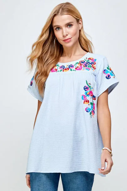 On the Border Embroidered Top, Sky Blue