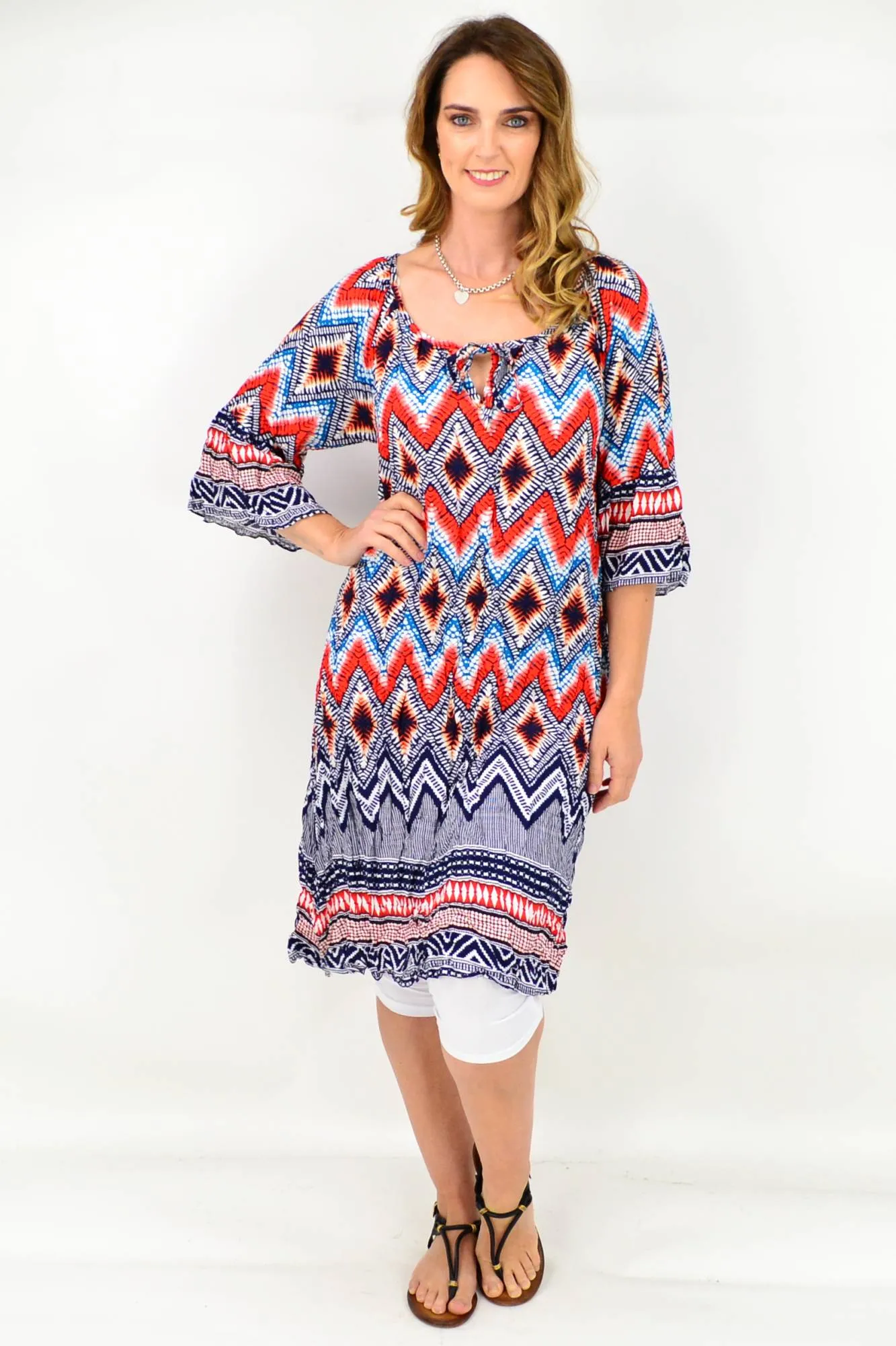 Orange Blue Tie Tunic Dress