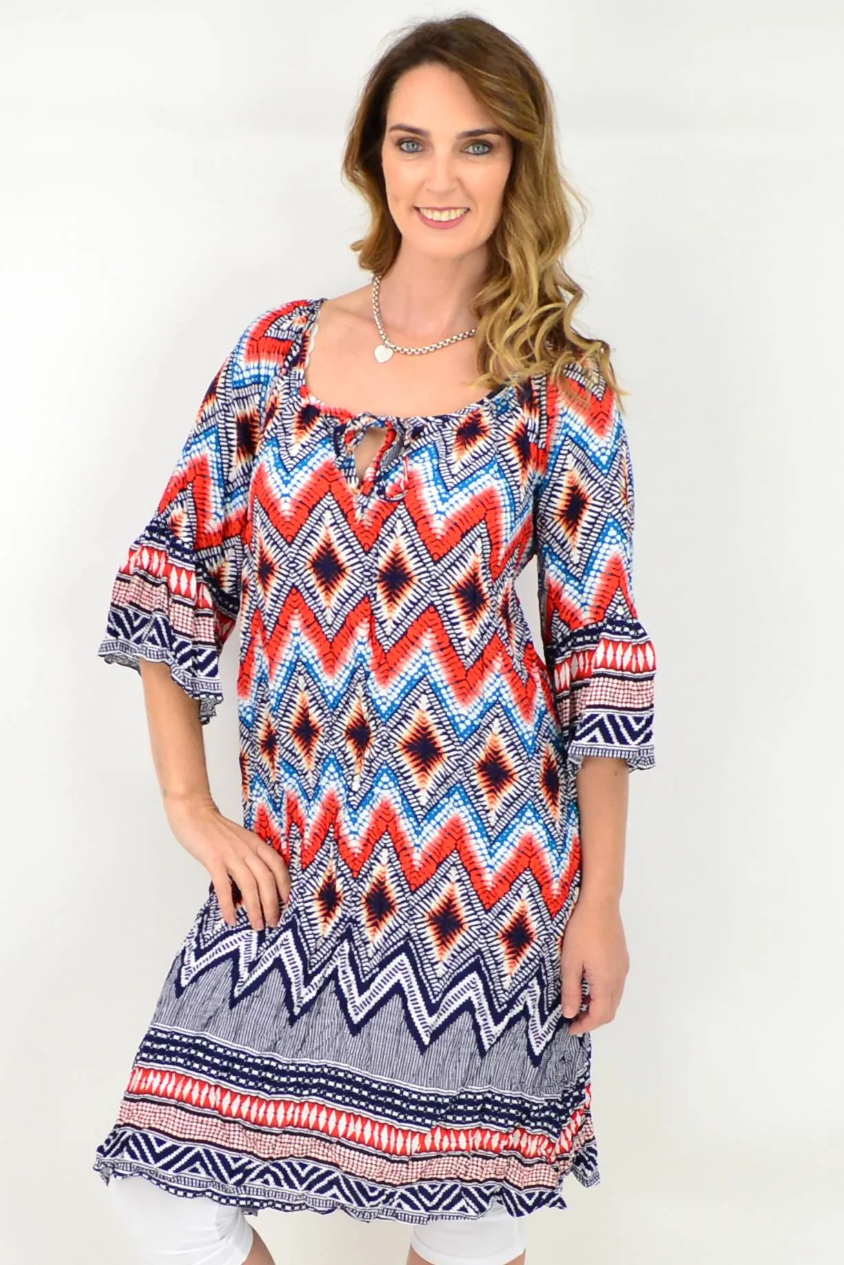 Orange Blue Tie Tunic Dress