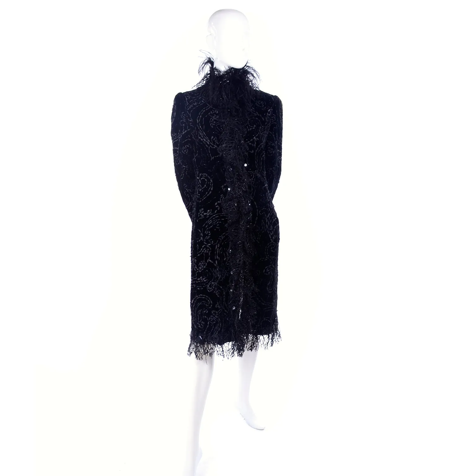 Oscar de la Renta Black Velvet Evening Coat With Sequins & Ostrich Feathers