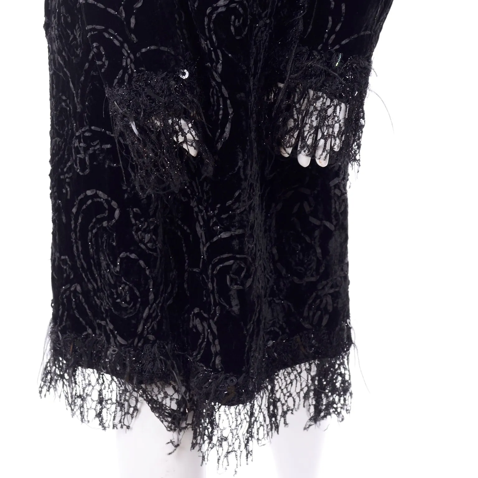 Oscar de la Renta Black Velvet Evening Coat With Sequins & Ostrich Feathers