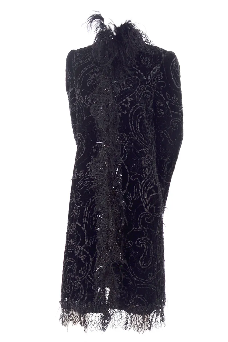 Oscar de la Renta Black Velvet Evening Coat With Sequins & Ostrich Feathers