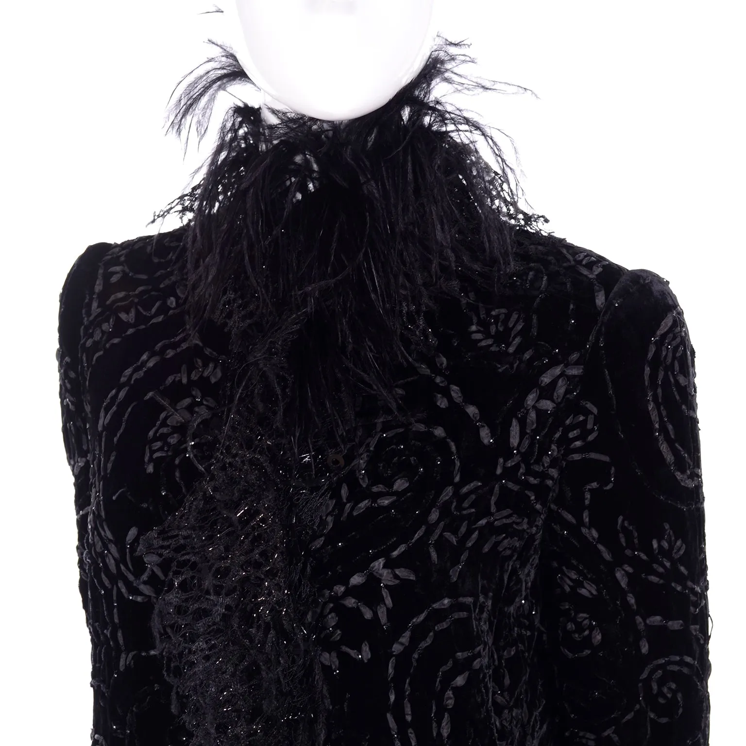 Oscar de la Renta Black Velvet Evening Coat With Sequins & Ostrich Feathers