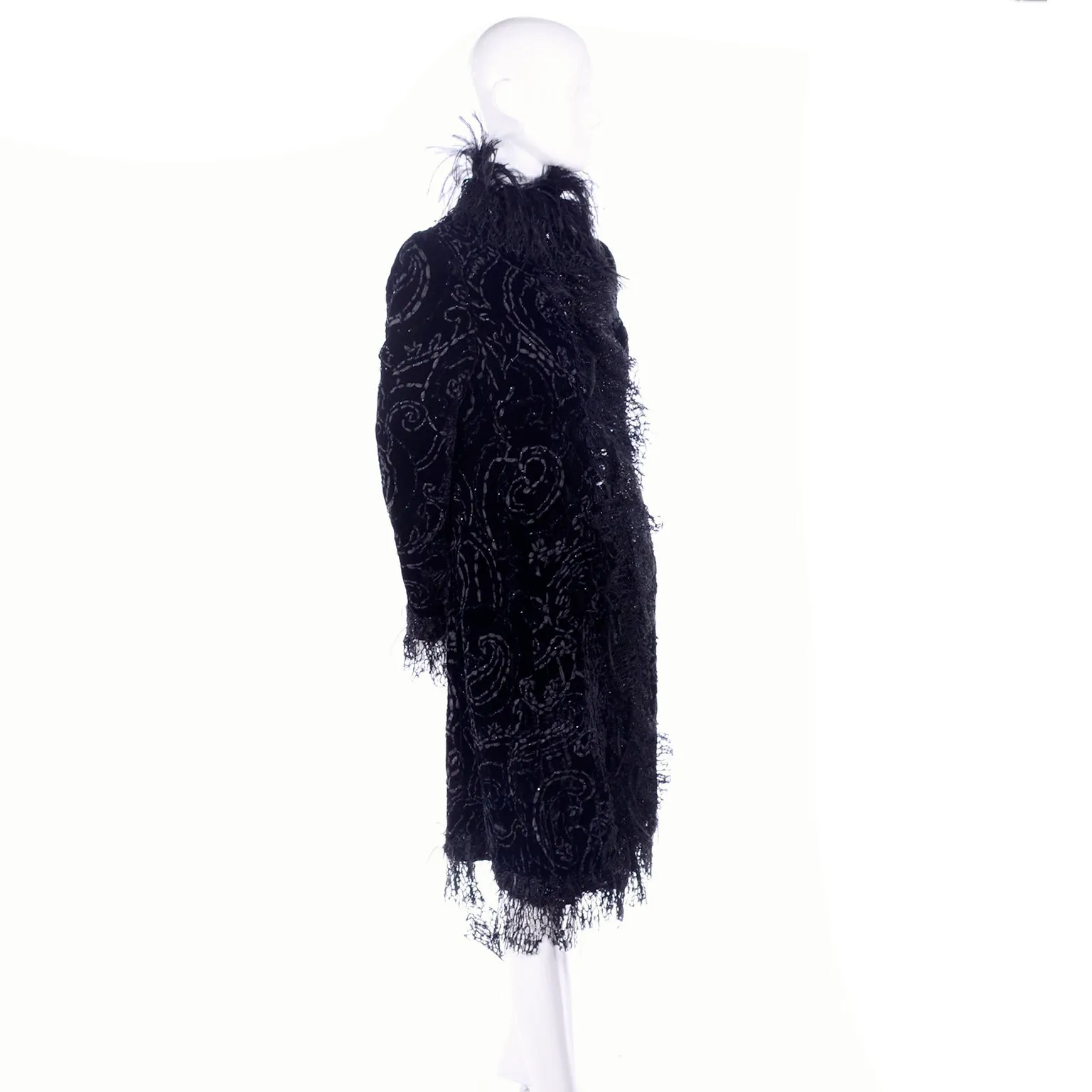 Oscar de la Renta Black Velvet Evening Coat With Sequins & Ostrich Feathers