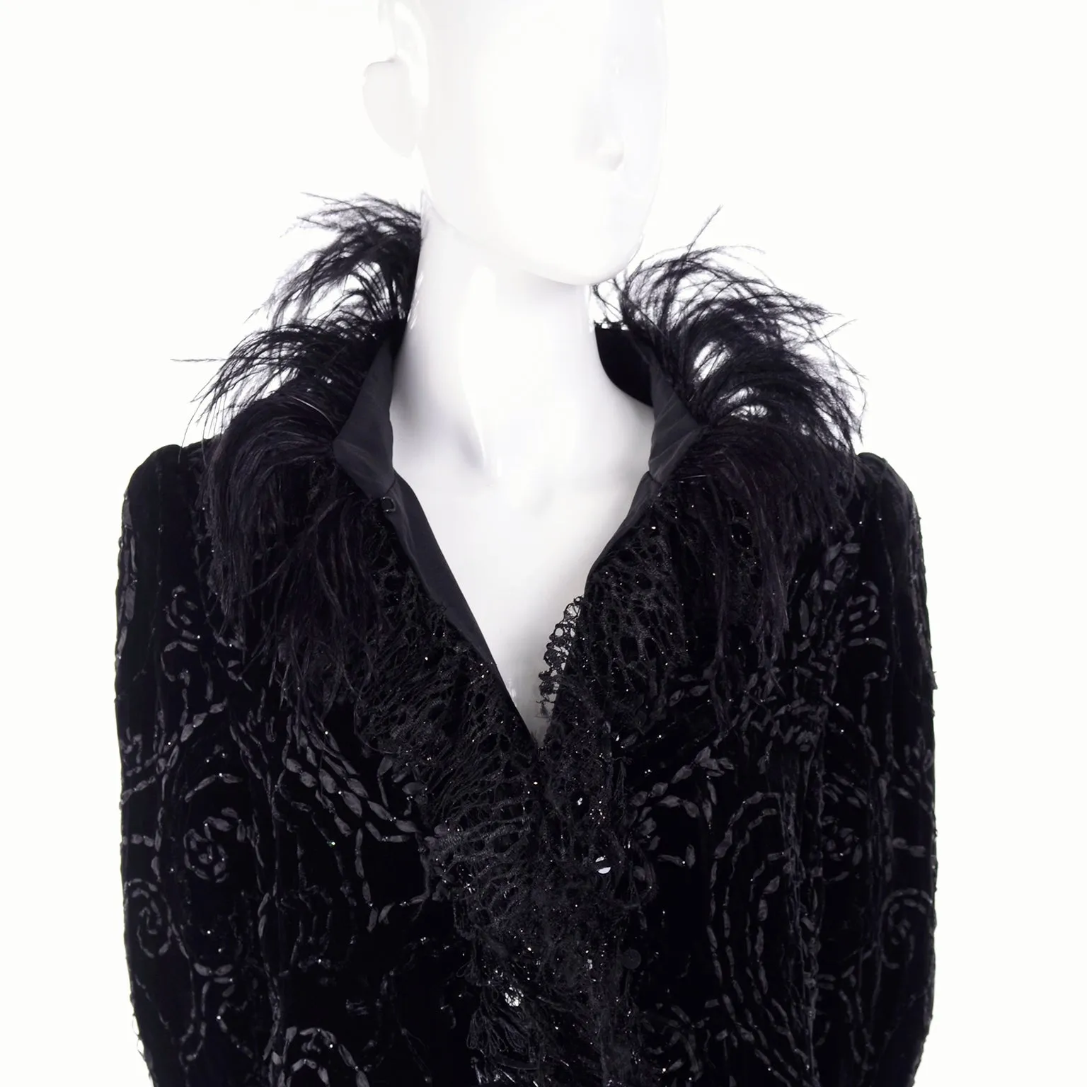 Oscar de la Renta Black Velvet Evening Coat With Sequins & Ostrich Feathers