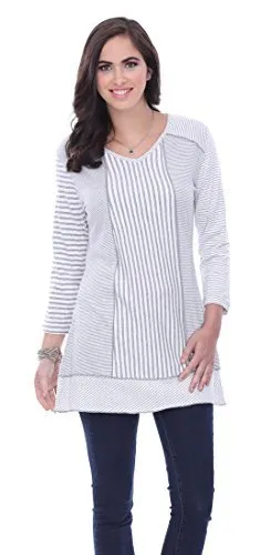 Parsley & Sage - Gracie, V-Neck, 3/4 Sleeve Striped Tunic on a Patterned Body