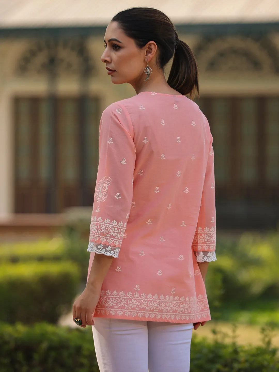 Peach Cambric Printed  Straight Tunic