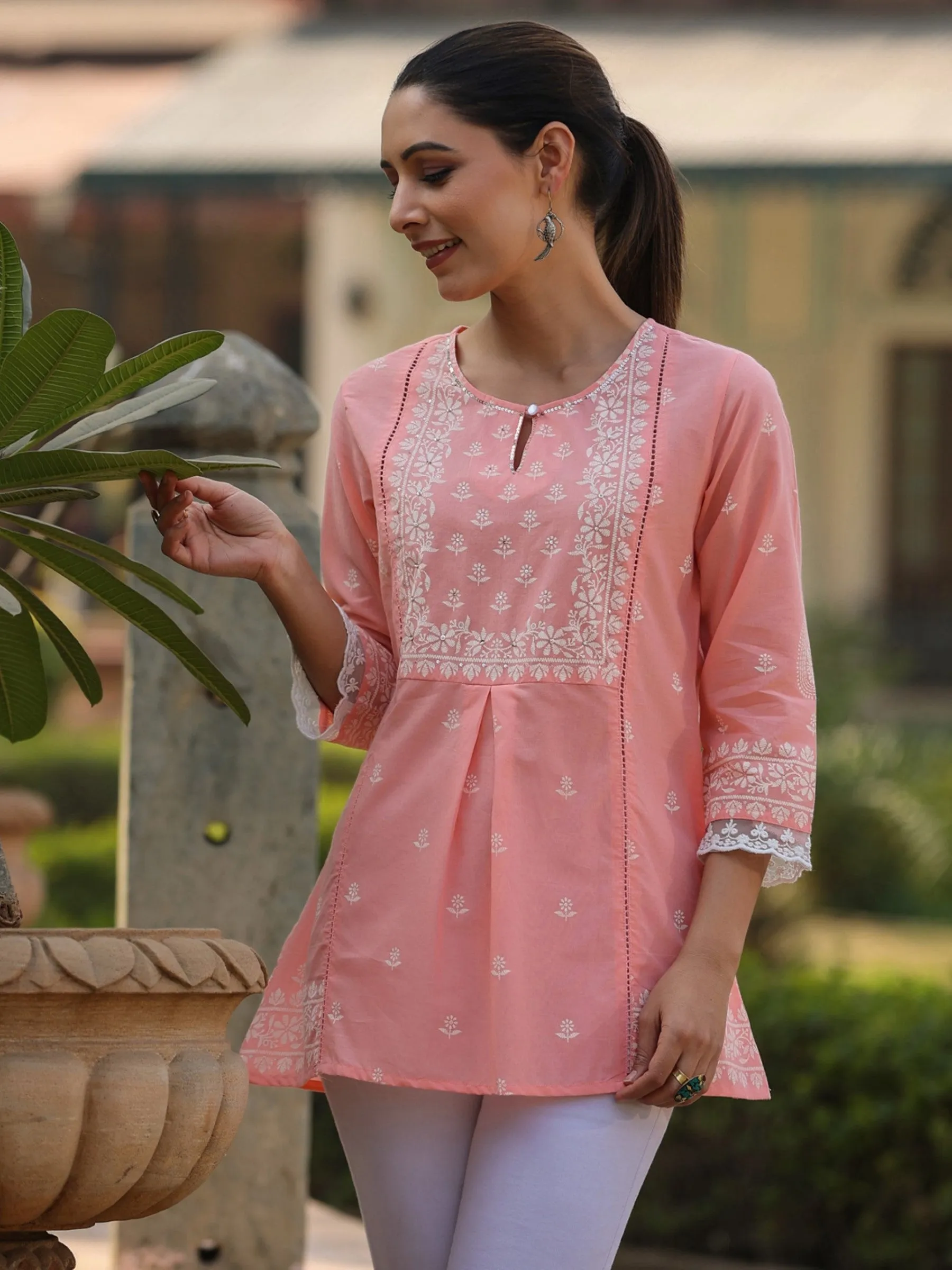 Peach Cambric Printed  Straight Tunic