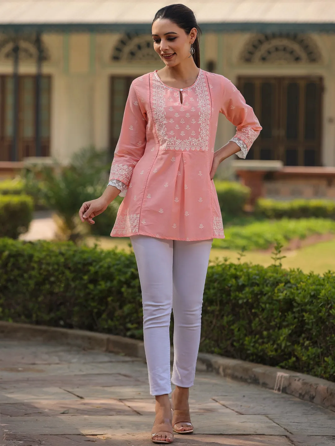 Peach Cambric Printed  Straight Tunic