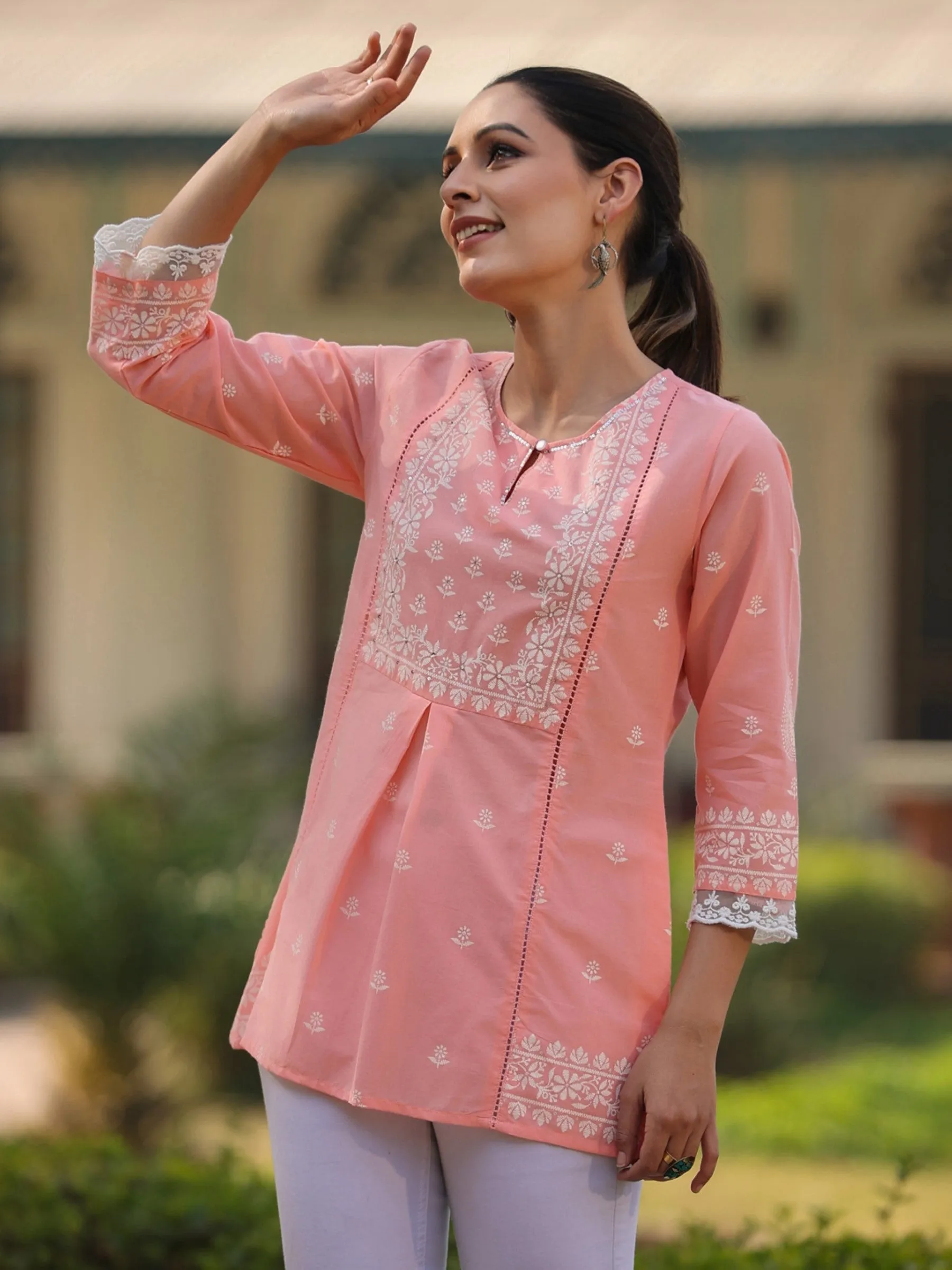 Peach Cambric Printed  Straight Tunic