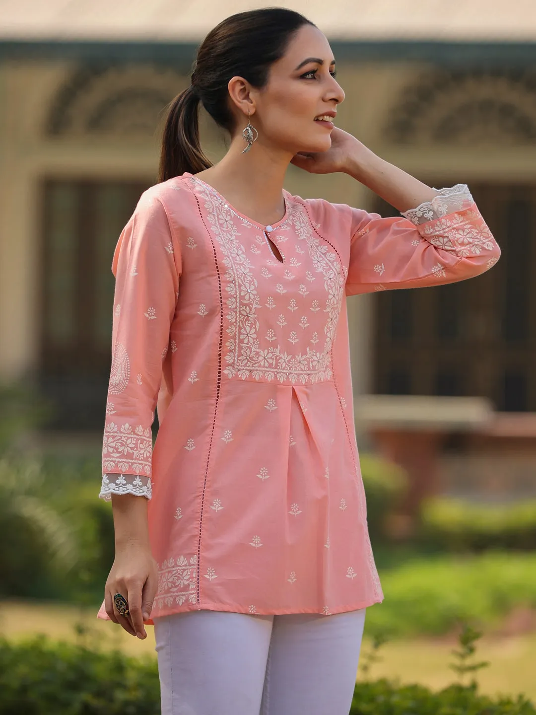 Peach Cambric Printed  Straight Tunic