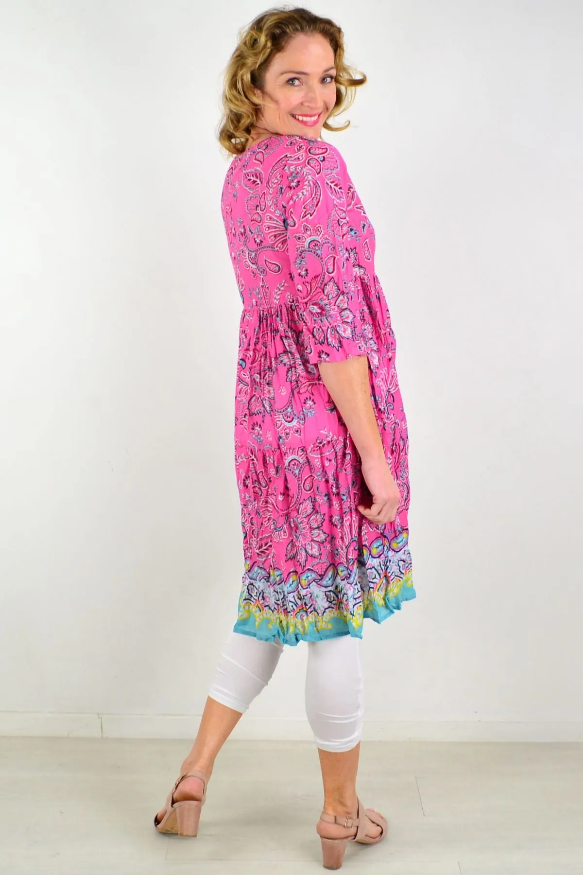 Pink Paisley Tie Neck Tunic Dress