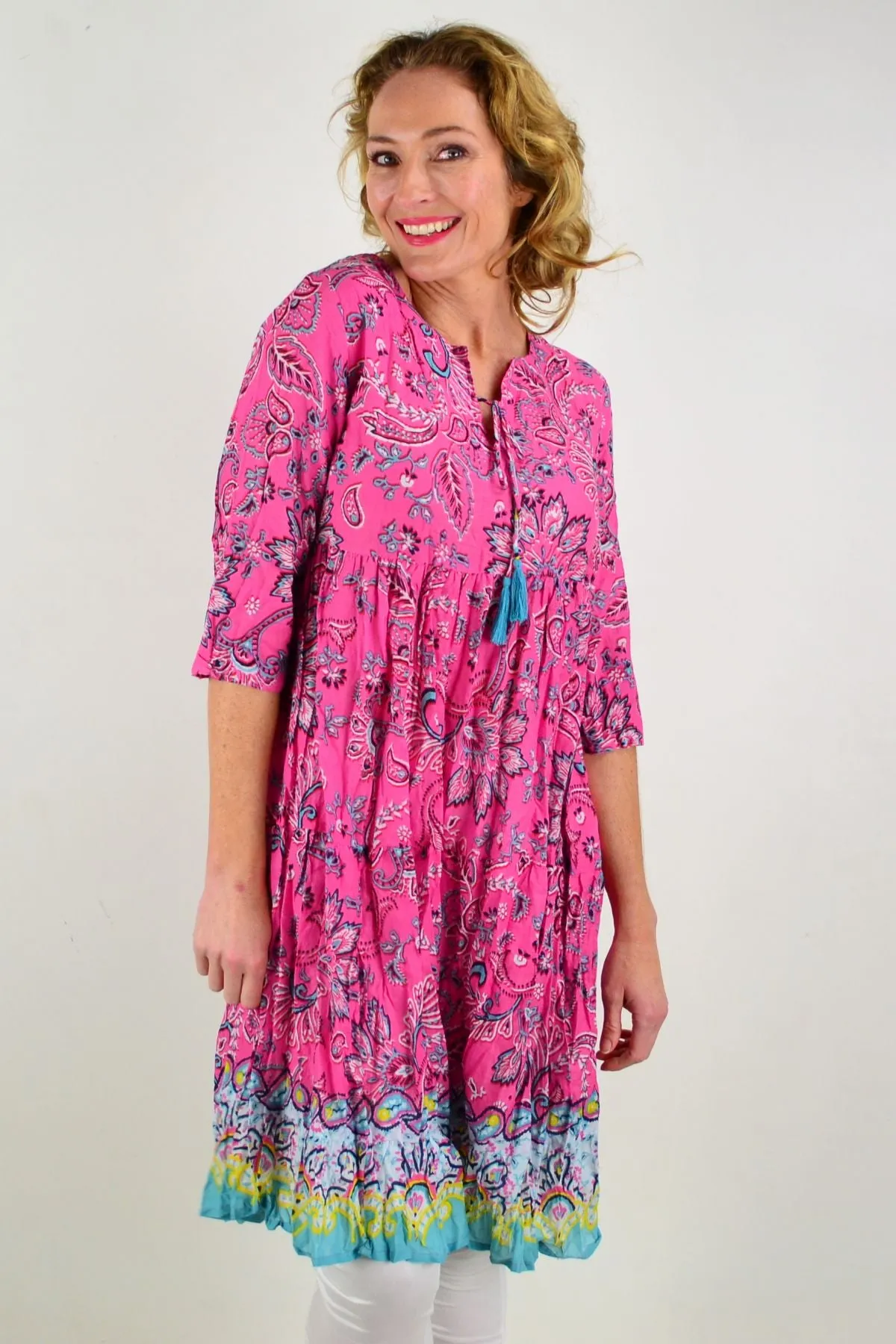 Pink Paisley Tie Neck Tunic Dress