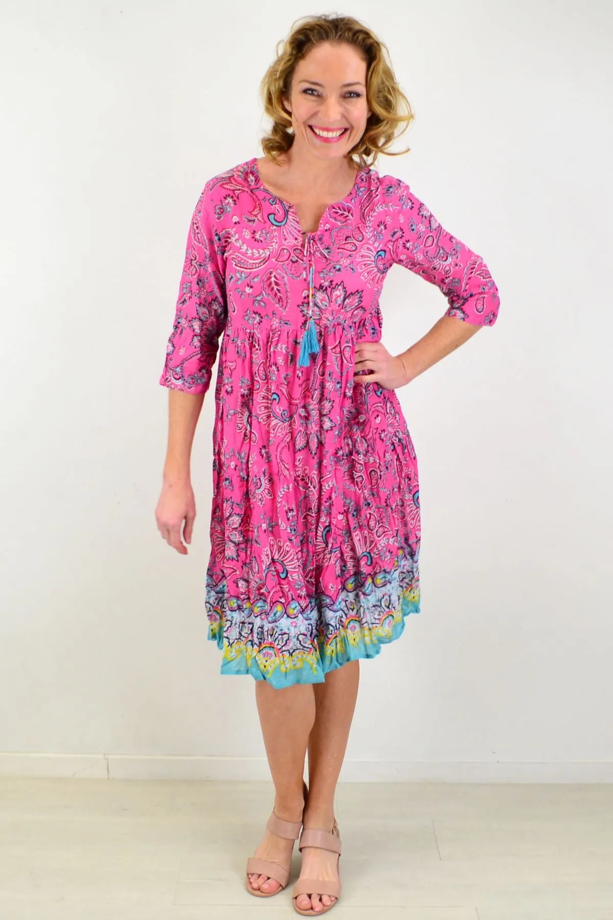 Pink Paisley Tie Neck Tunic Dress