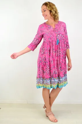 Pink Paisley Tie Neck Tunic Dress