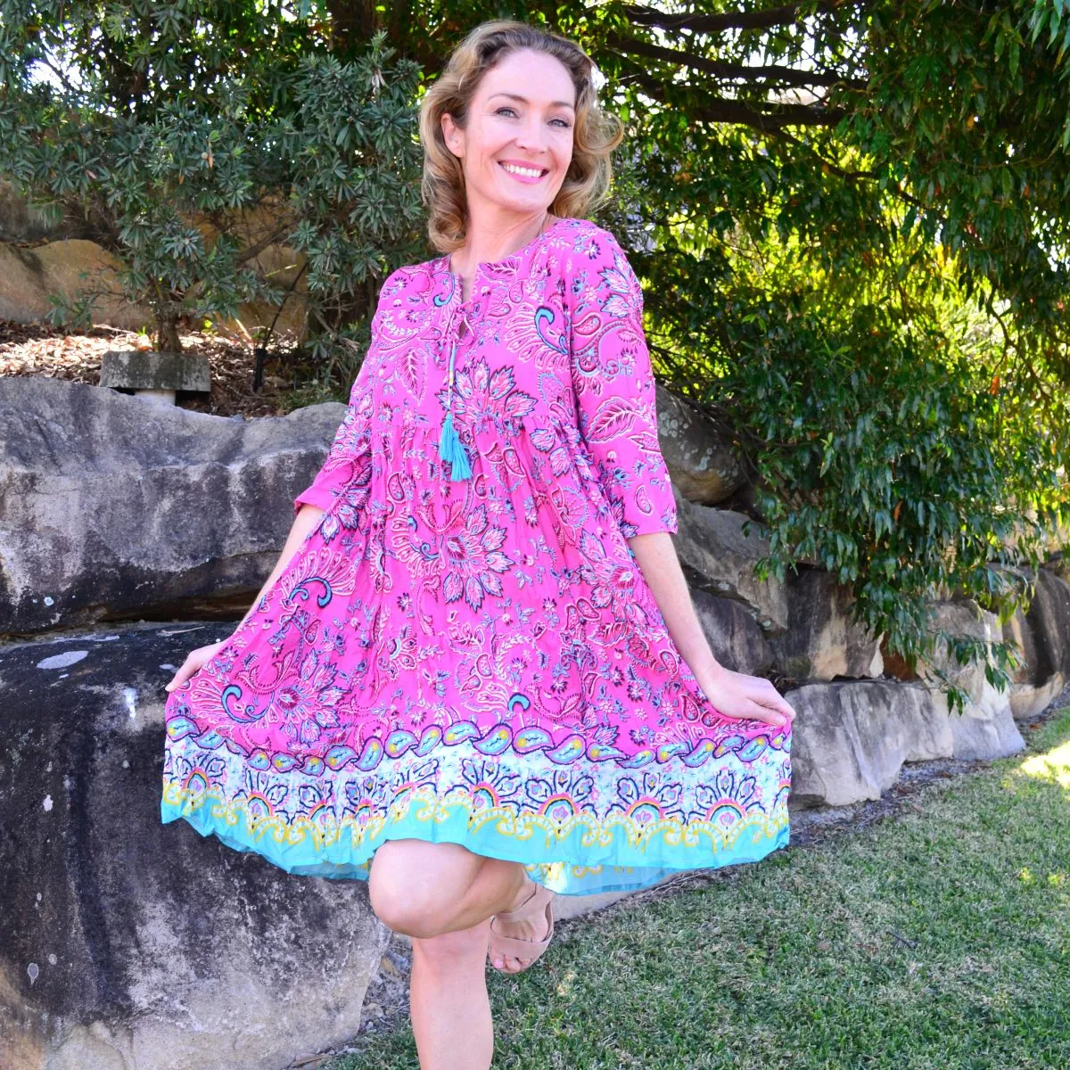 Pink Paisley Tie Neck Tunic Dress