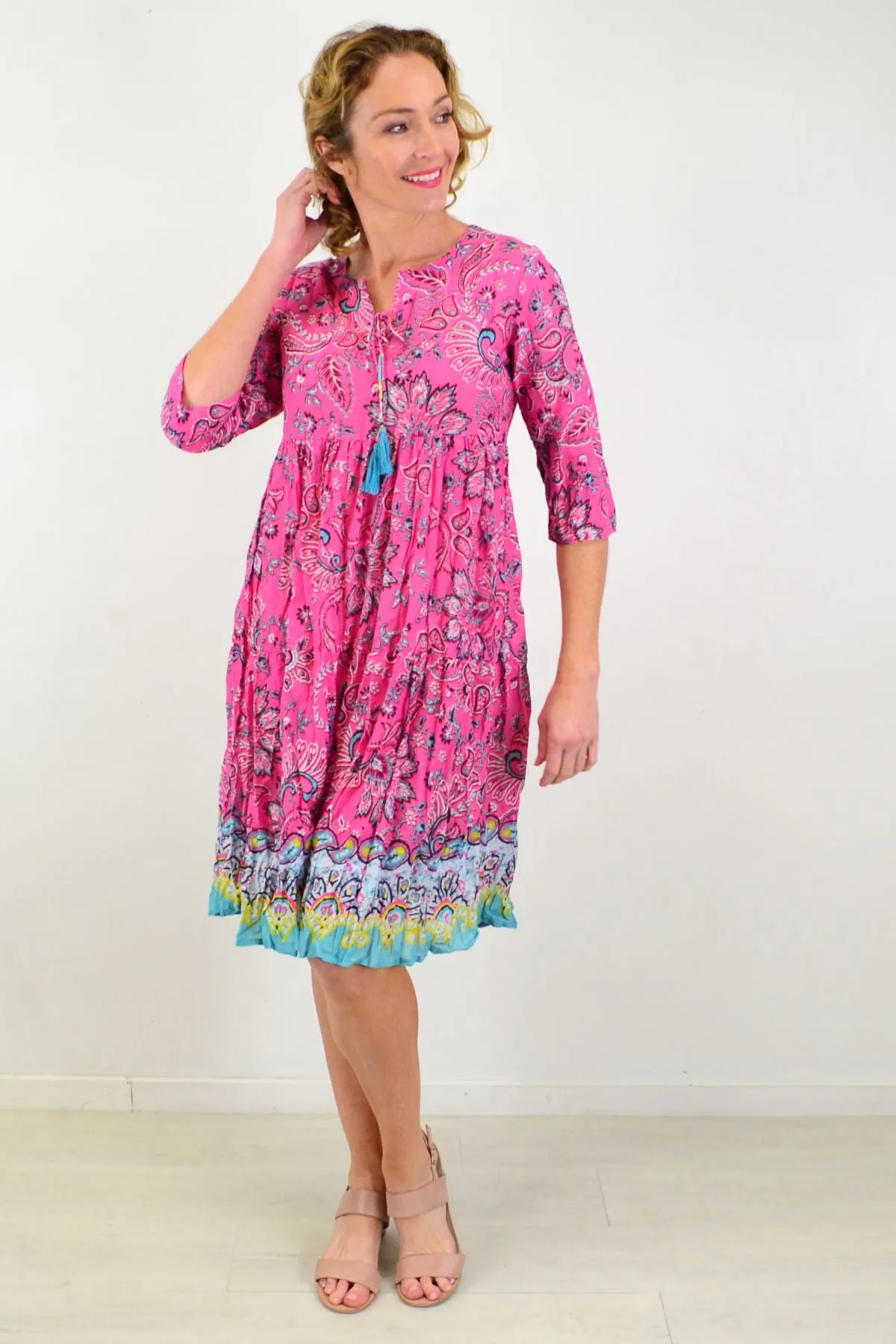 Pink Paisley Tie Neck Tunic Dress