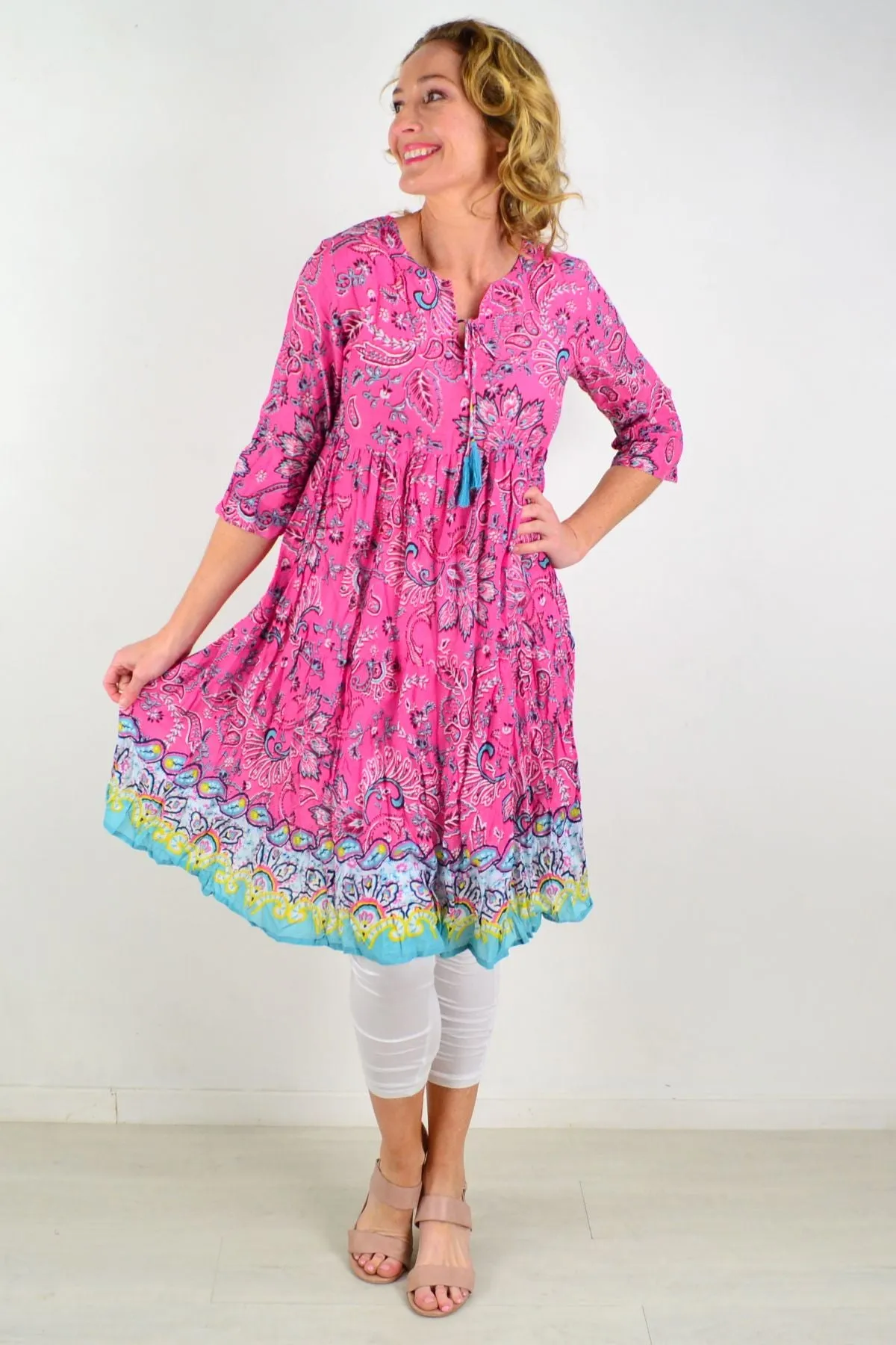 Pink Paisley Tie Neck Tunic Dress