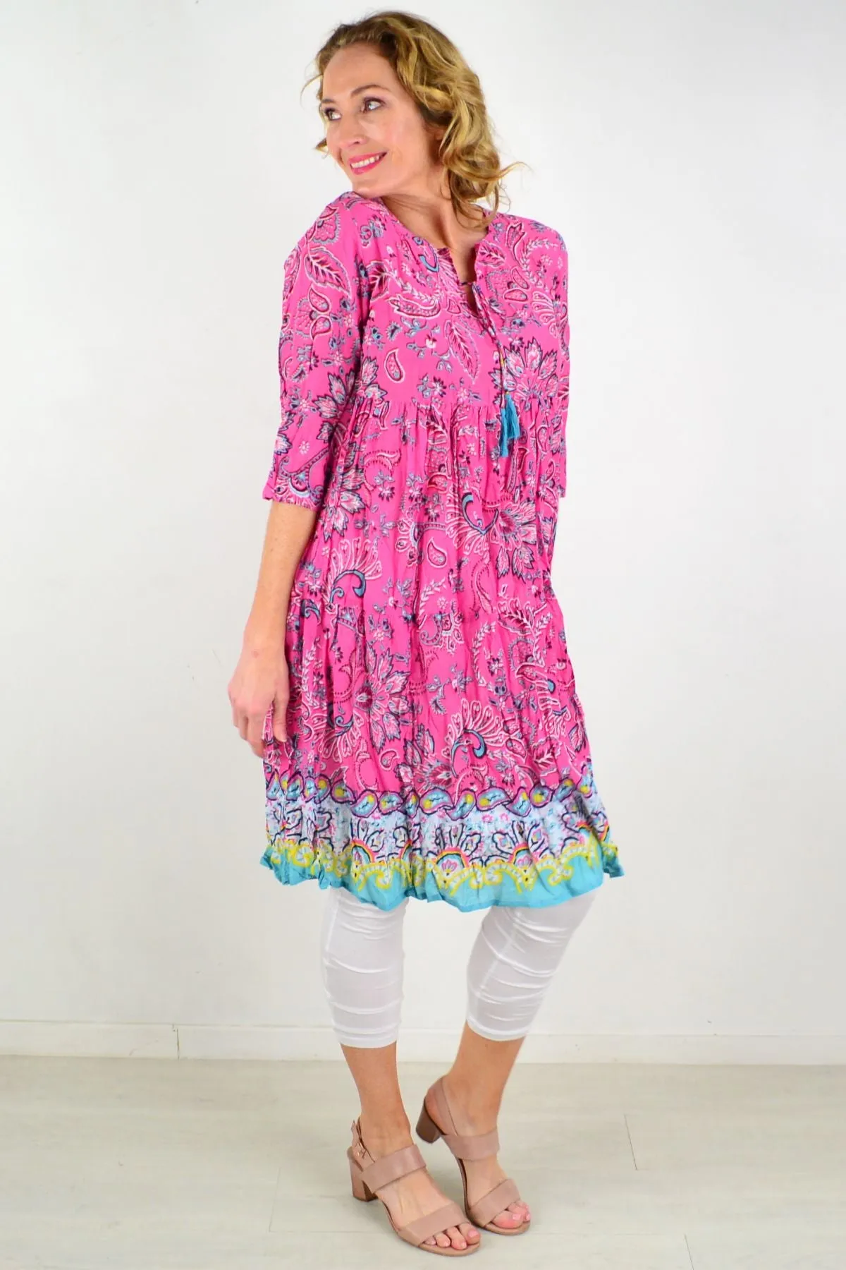 Pink Paisley Tie Neck Tunic Dress