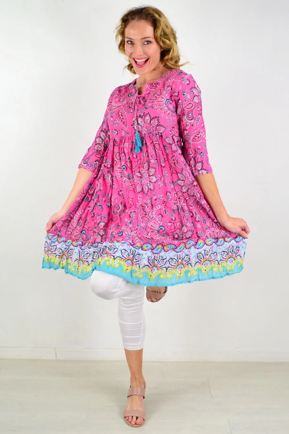 Pink Paisley Tie Neck Tunic Dress