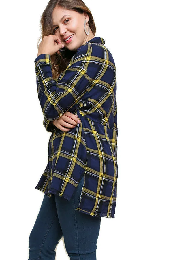 Plaid & Frayed Cotton Top, Navy