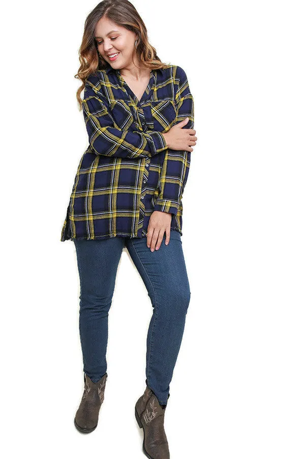 Plaid & Frayed Cotton Top, Navy