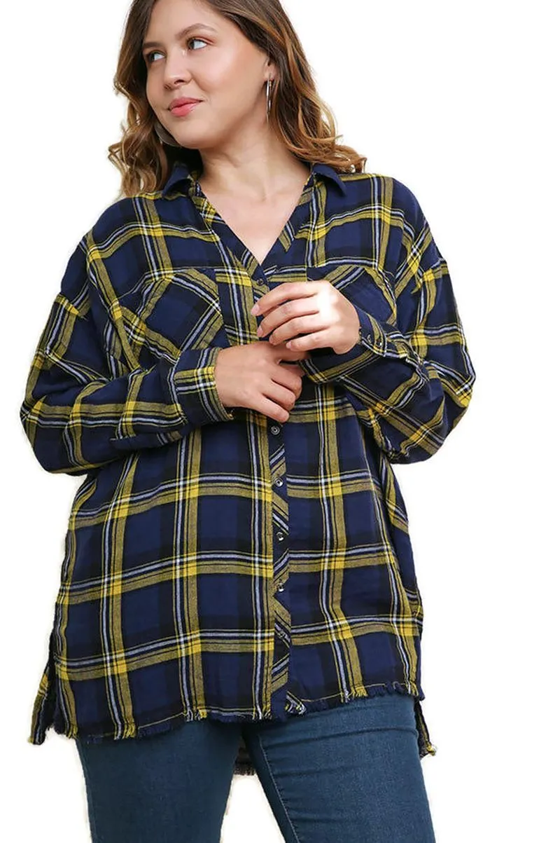 Plaid & Frayed Cotton Top, Navy