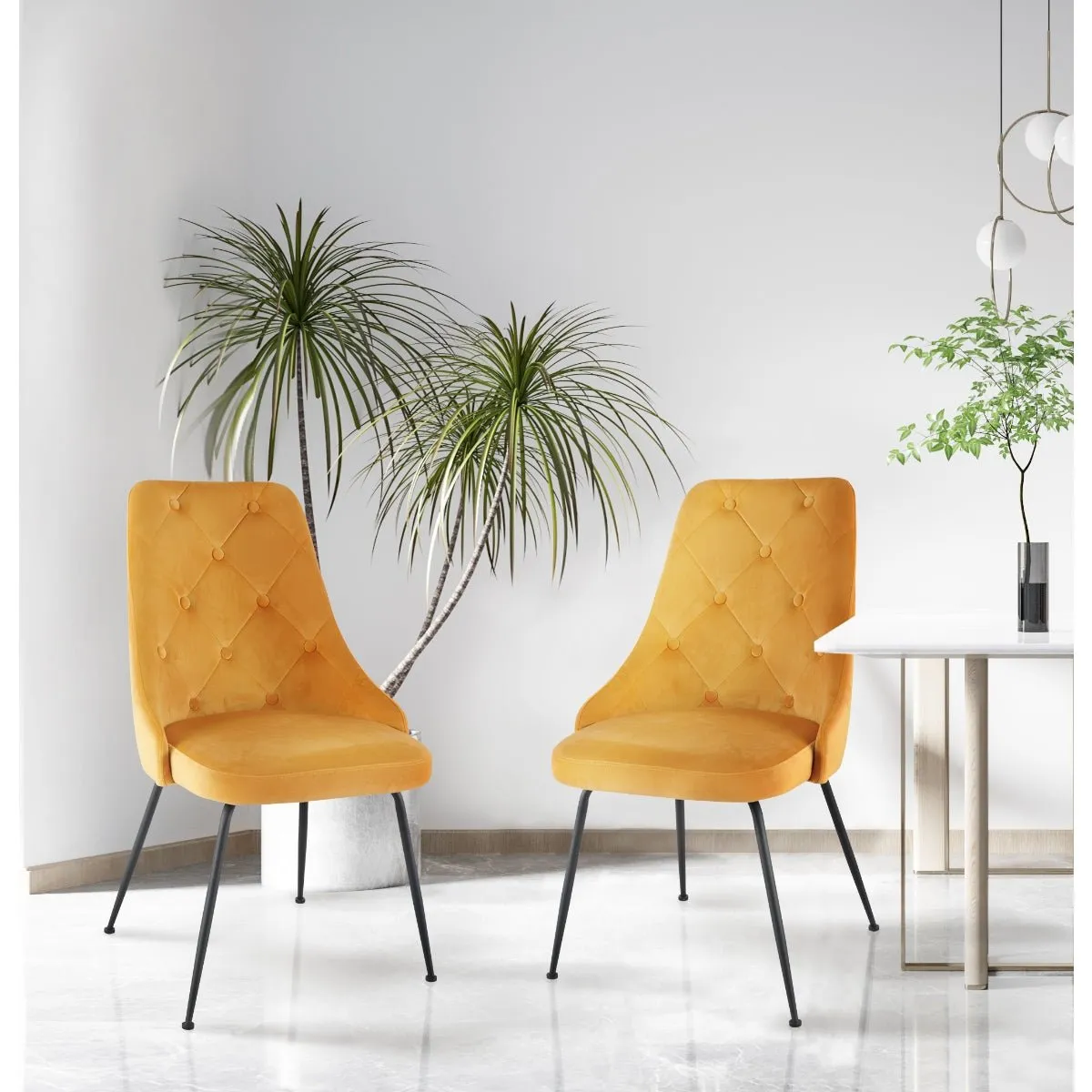 Plumeria Yellow Velvet Chair with Black Legs - Set of 2