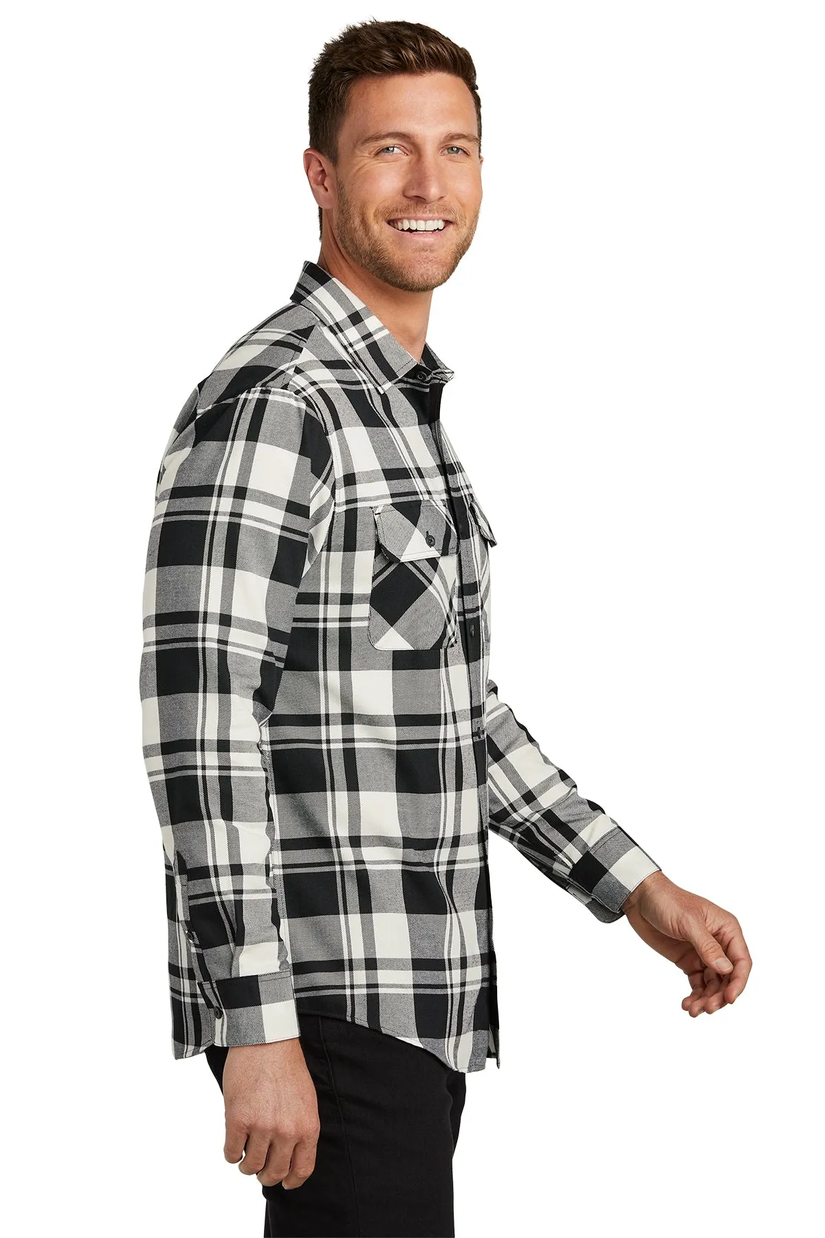 Port Authority Plaid Flannel Customized Shirts, Snow White/ Black