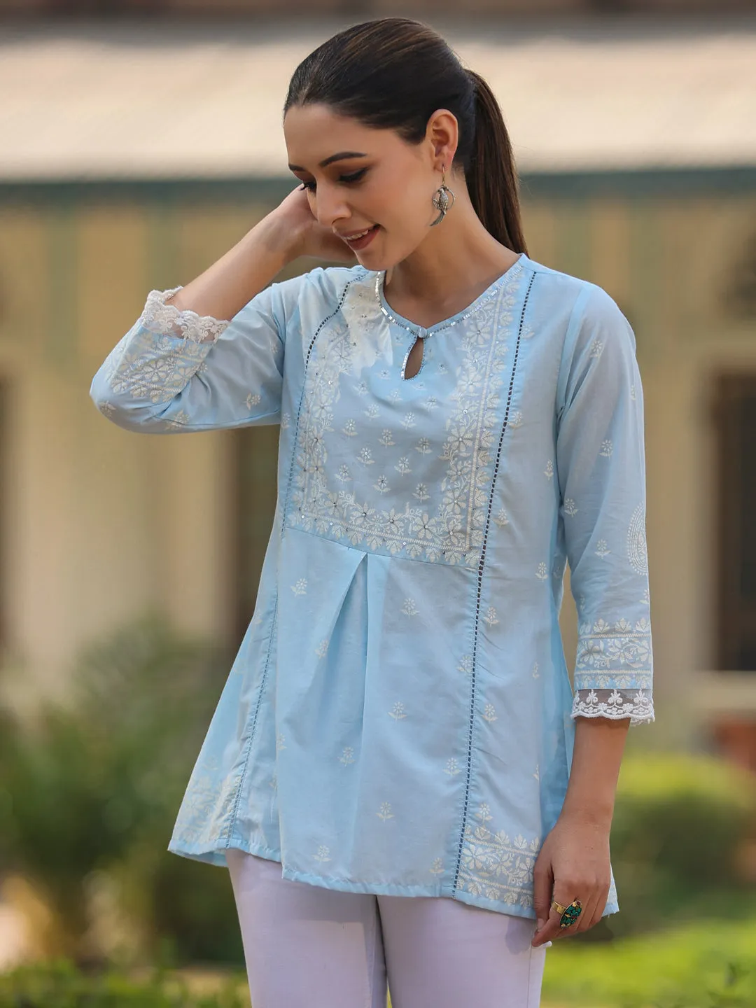 Powderblue Cambric Printed  Straight Tunic