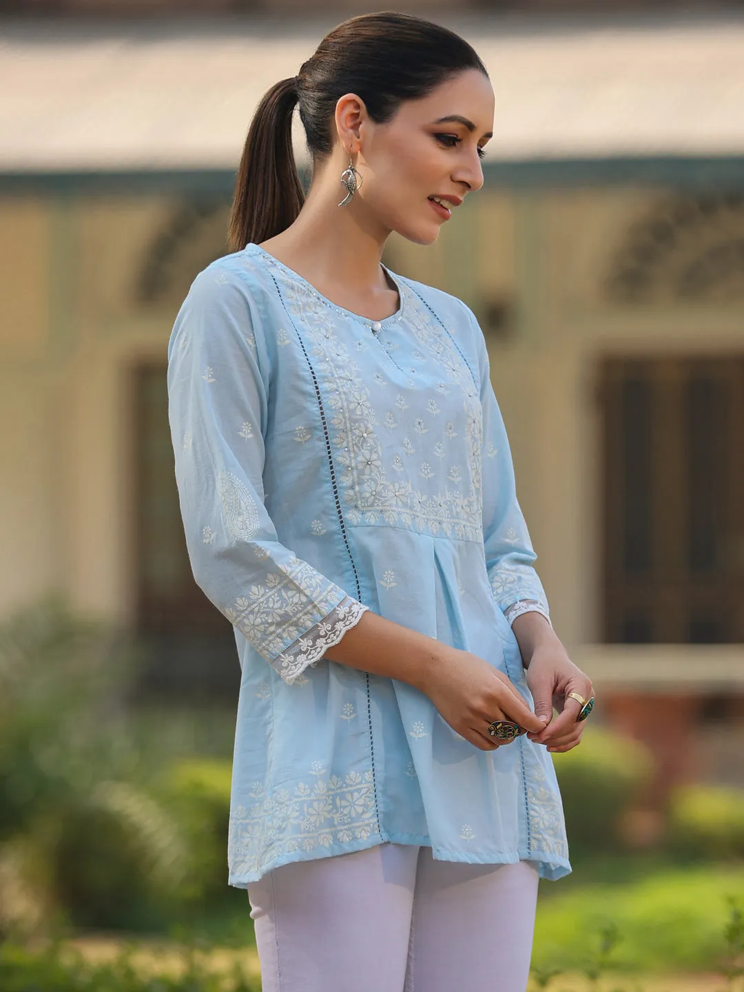 Powderblue Cambric Printed  Straight Tunic