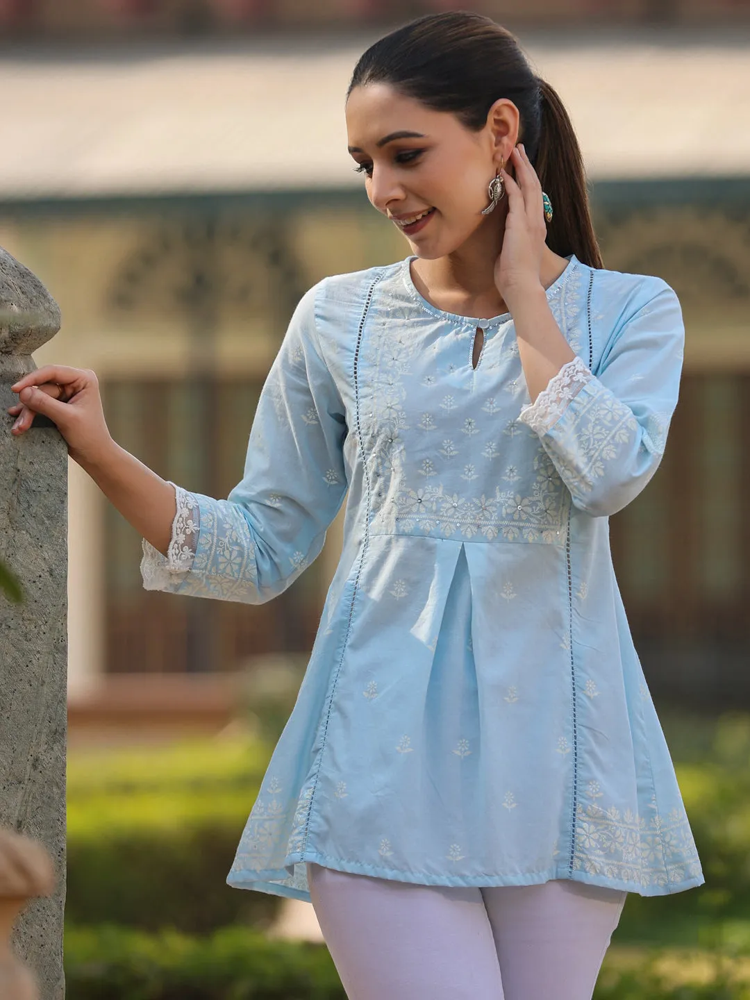 Powderblue Cambric Printed  Straight Tunic