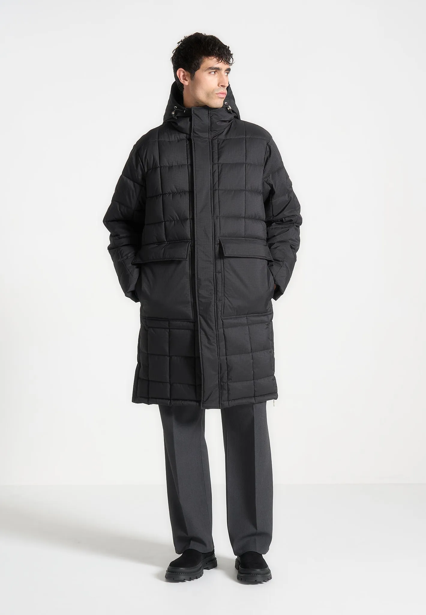 Quilted Longline Puffer Coat - Black