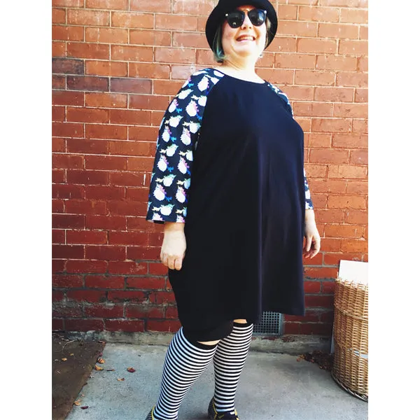 Raglan Chubster Plus Size Unicorn Tunic in black - all sizes available, made to order, sleeve length customisable