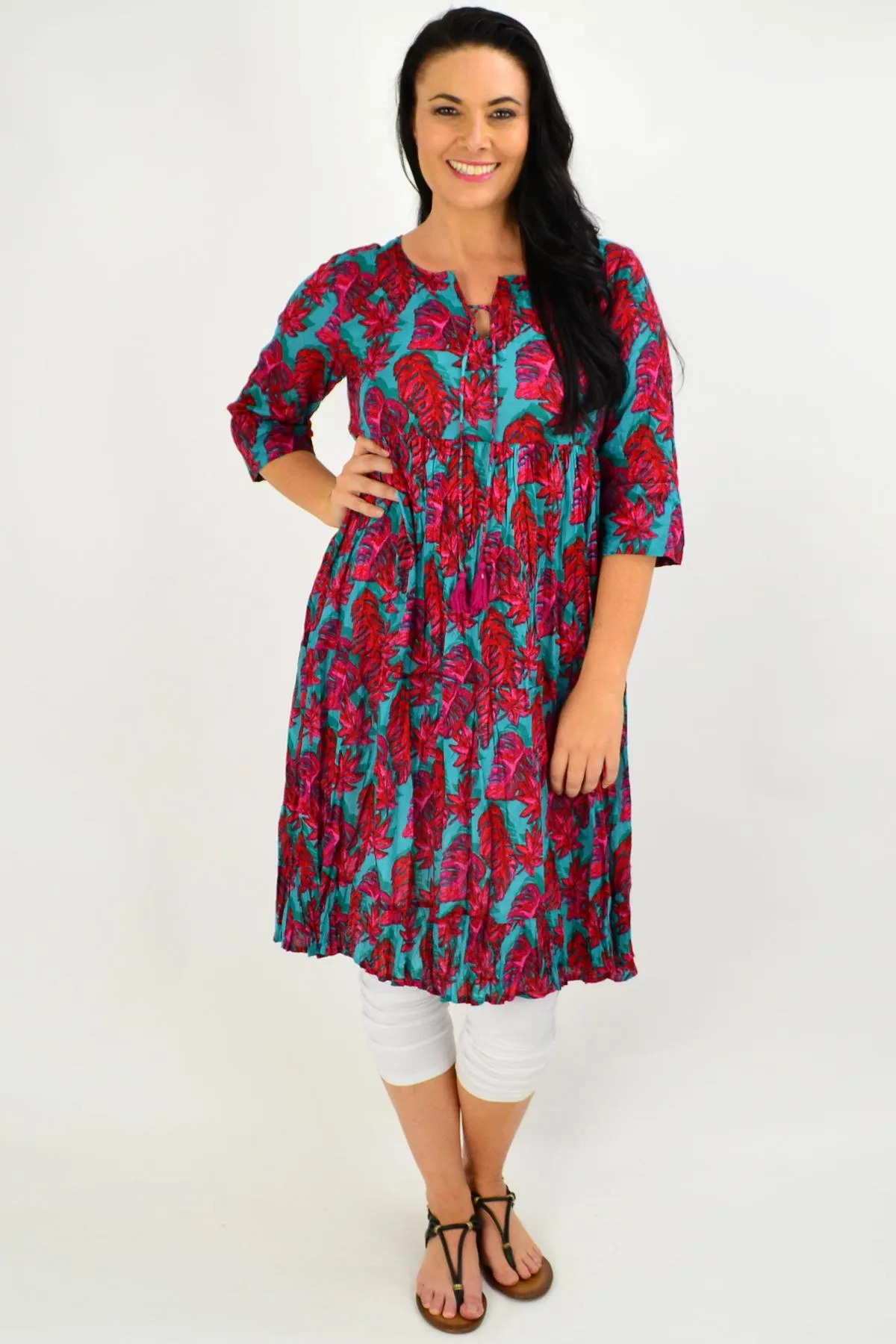 Red Aqua Floral Tie Neck Tunic Dress