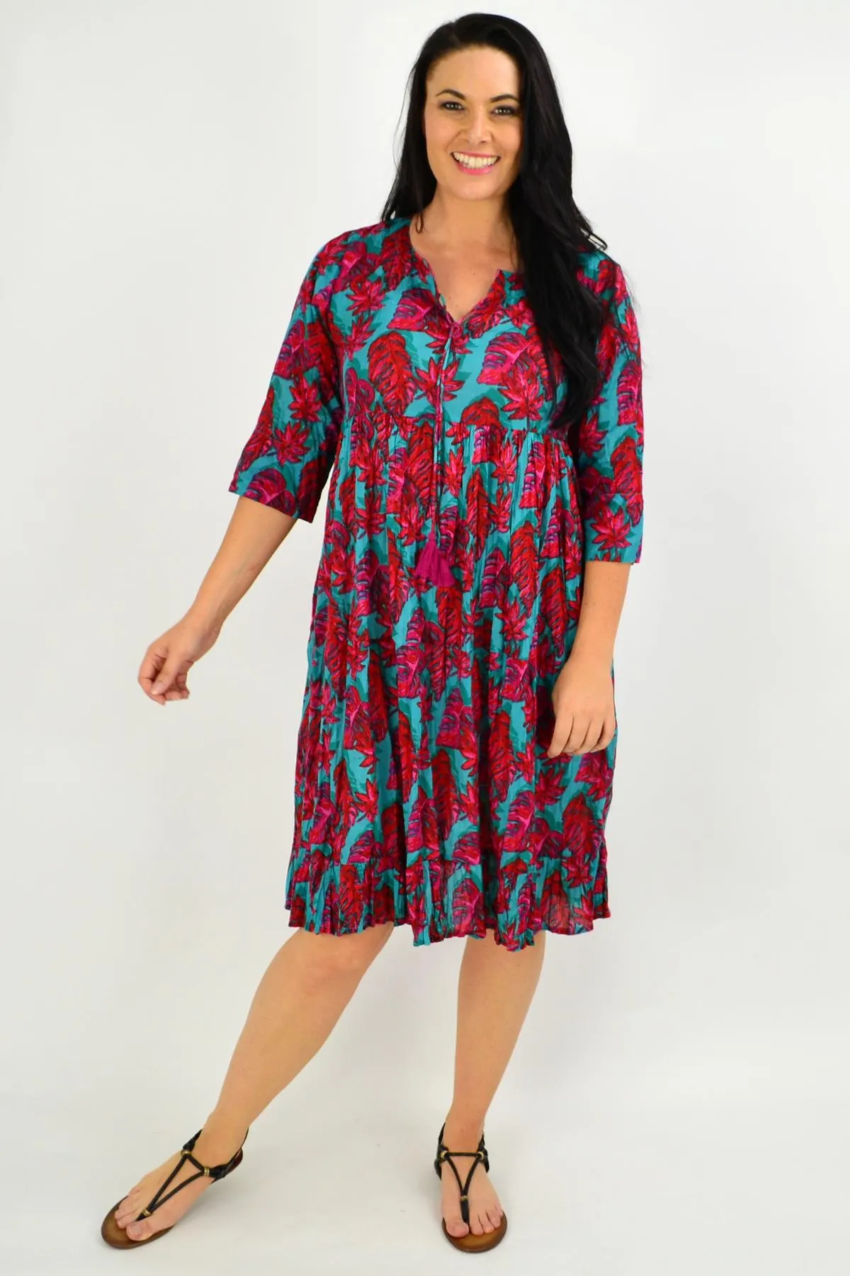 Red Aqua Floral Tie Neck Tunic Dress