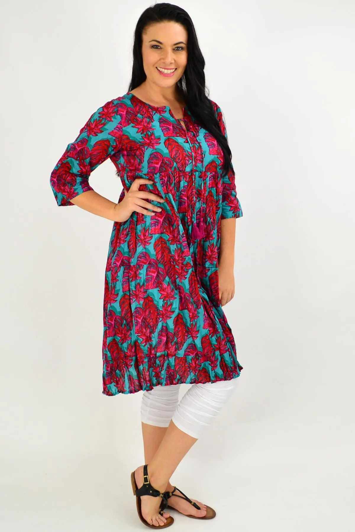 Red Aqua Floral Tie Neck Tunic Dress