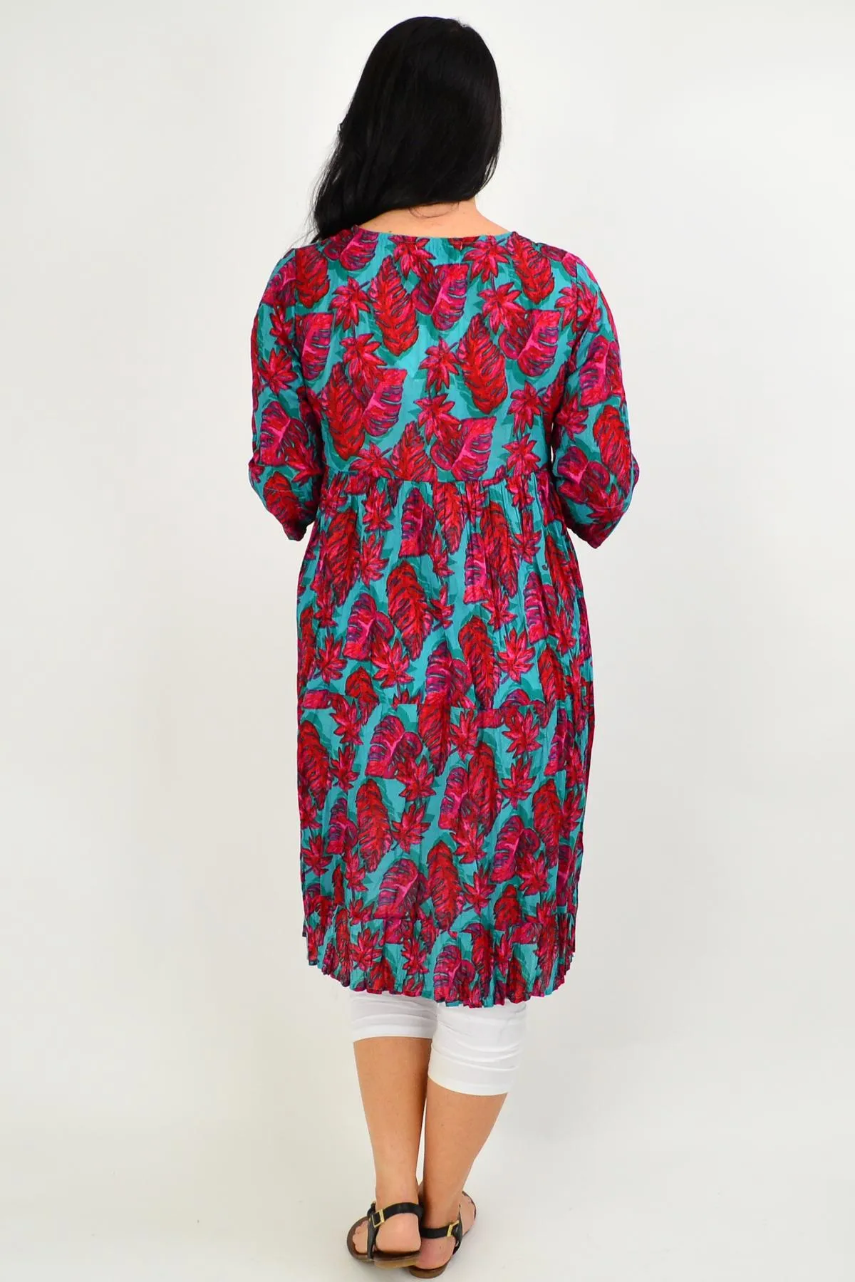 Red Aqua Floral Tie Neck Tunic Dress