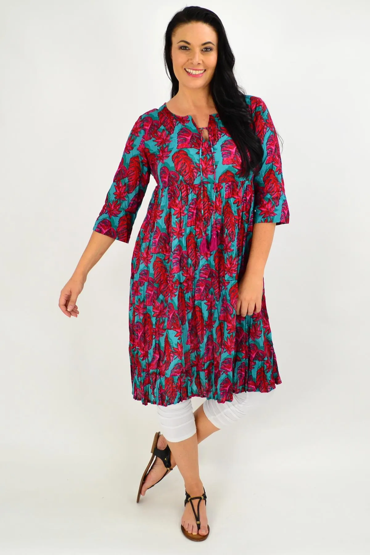 Red Aqua Floral Tie Neck Tunic Dress